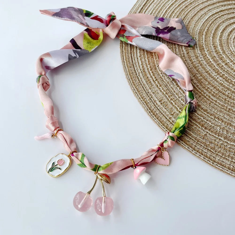 Multi Charm Satin Scarf Necklace