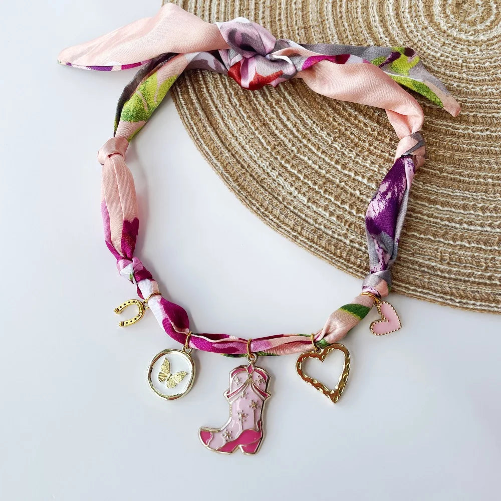 Multi Charm Satin Scarf Necklace