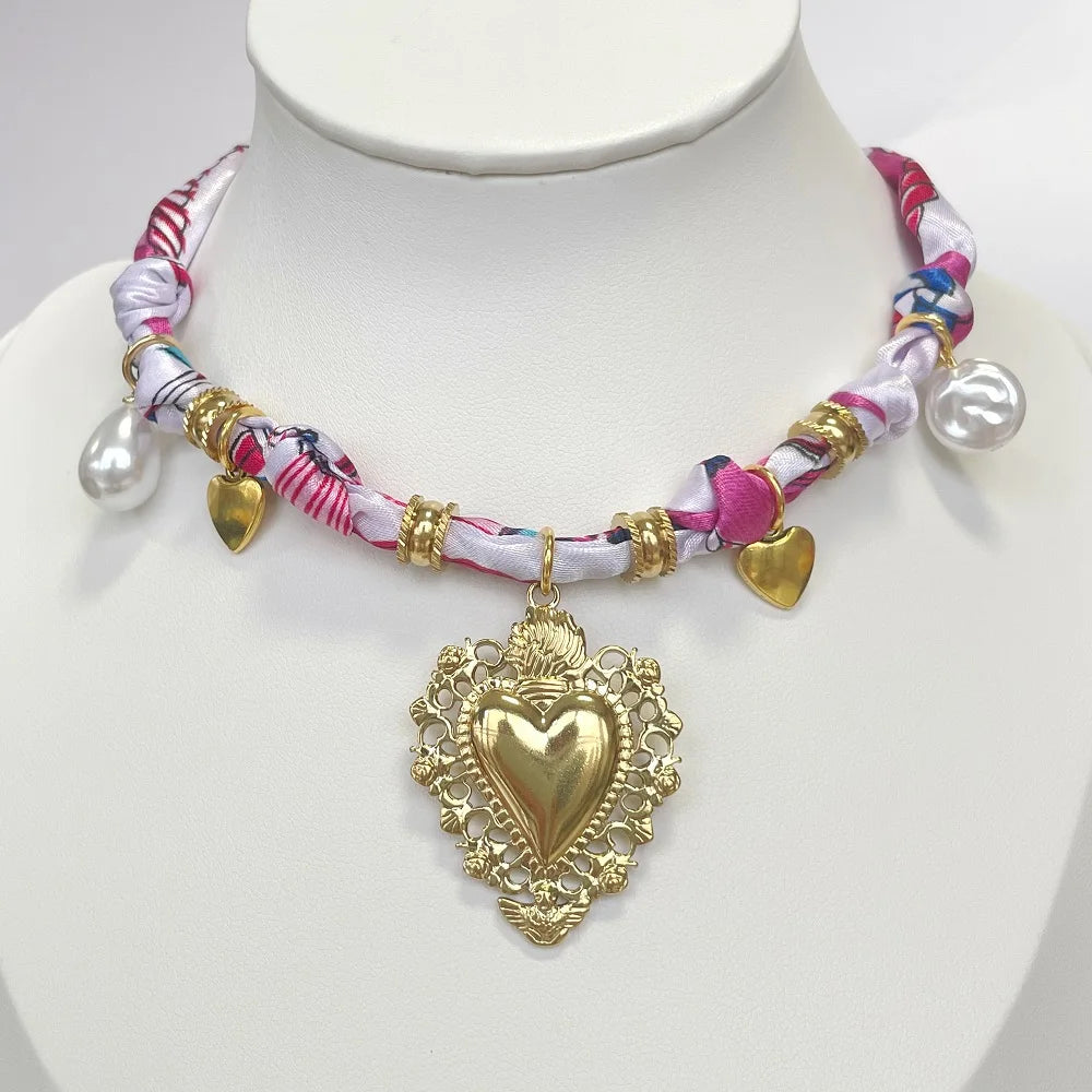 Multi Charm Satin Scarf Necklace