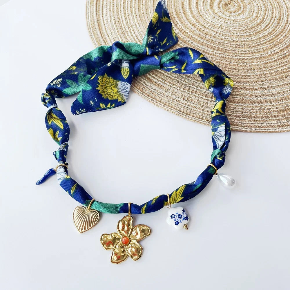 Multi Charm Satin Scarf Necklace