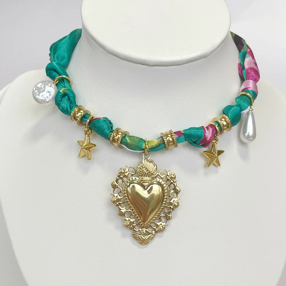 Multi Charm Satin Scarf Necklace