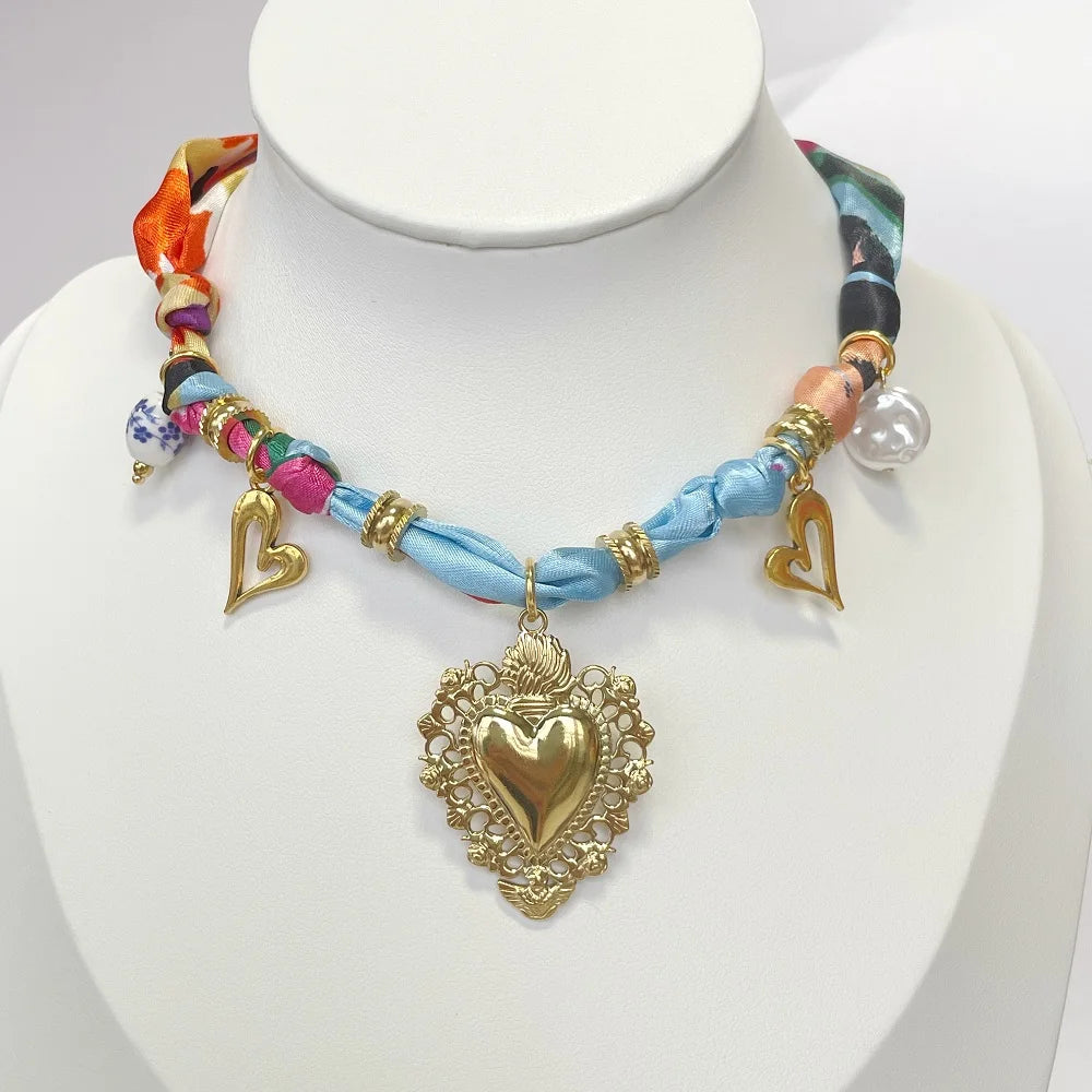 Multi Charm Satin Scarf Necklace
