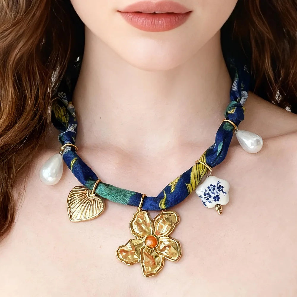 Multi Charm Satin Scarf Necklace